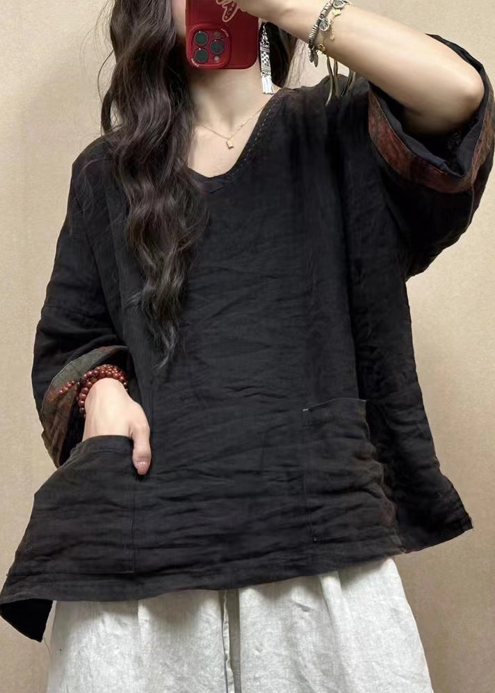 Women Black Solid Pockets Linen Top Bracelet Sleeve