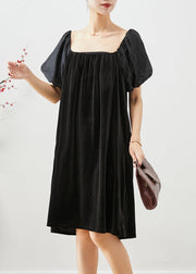 Women Black Square Collar Patchwork Silk Velour Maxi Dresses Summer