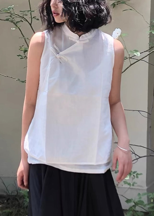 Women Black Stand Collar Button Cotton Vest Sleeveless