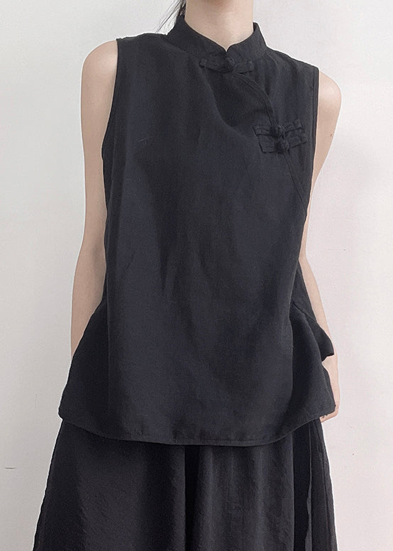 Women Black Stand Collar Button Cotton Vest Sleeveless