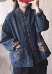 Women Black Stand Collar Embroideried Button Pockets Cotton Denim Coats Long Sleeve