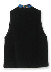 Women Black Stand Collar Embroideried Patchwork Silk Velour Waistcoat Sleeveless