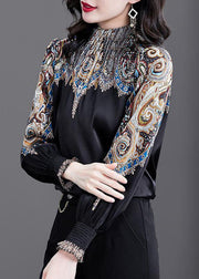 Women Black Stand Collar Cinched Print Silk Shirt Top Spring