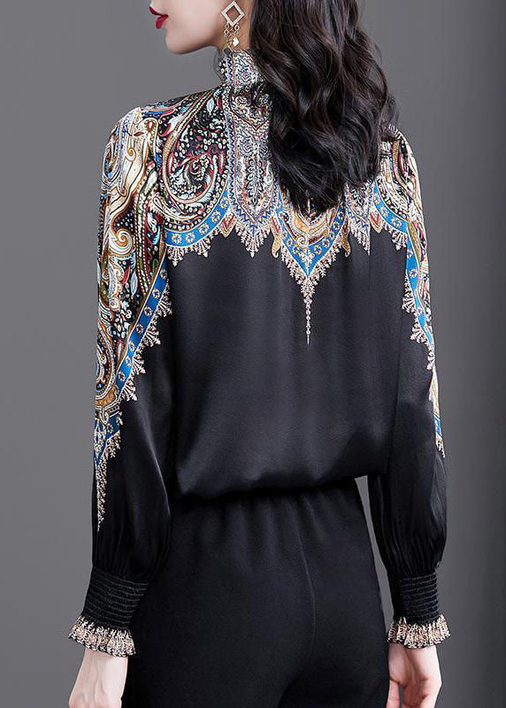 Women Black Stand Collar Cinched Print Silk Shirt Top Spring