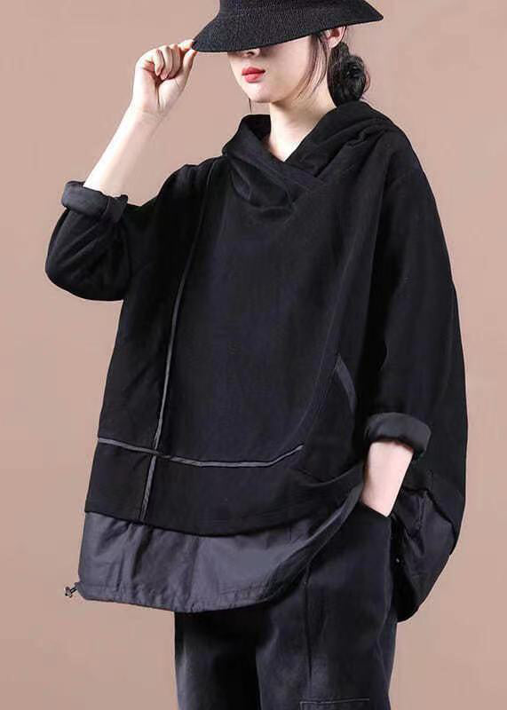 Women Black Striped Hooded Patchwork Warm Fleece Pullover Sweatshirt Winter