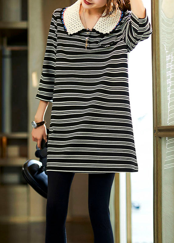 Women Black Striped Peter Pan Collar Cotton Top Fall