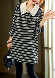 Women Black Striped Peter Pan Collar Cotton Top Fall