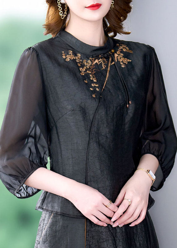 Women Black Tasseled Embroideried Patchwork Silk Top Summer