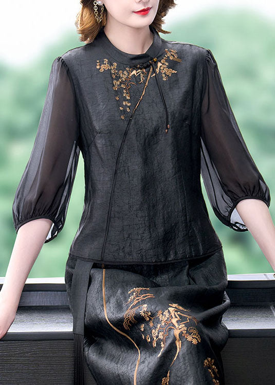 Women Black Tasseled Embroideried Patchwork Silk Top Summer