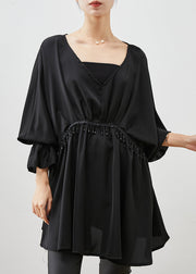 Women Black Tasseled Exra Large Hem Chiffon Shirt Top Spring