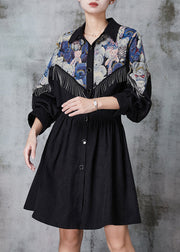 Women Black Tasseled Patchwork Cotton Dress Spring