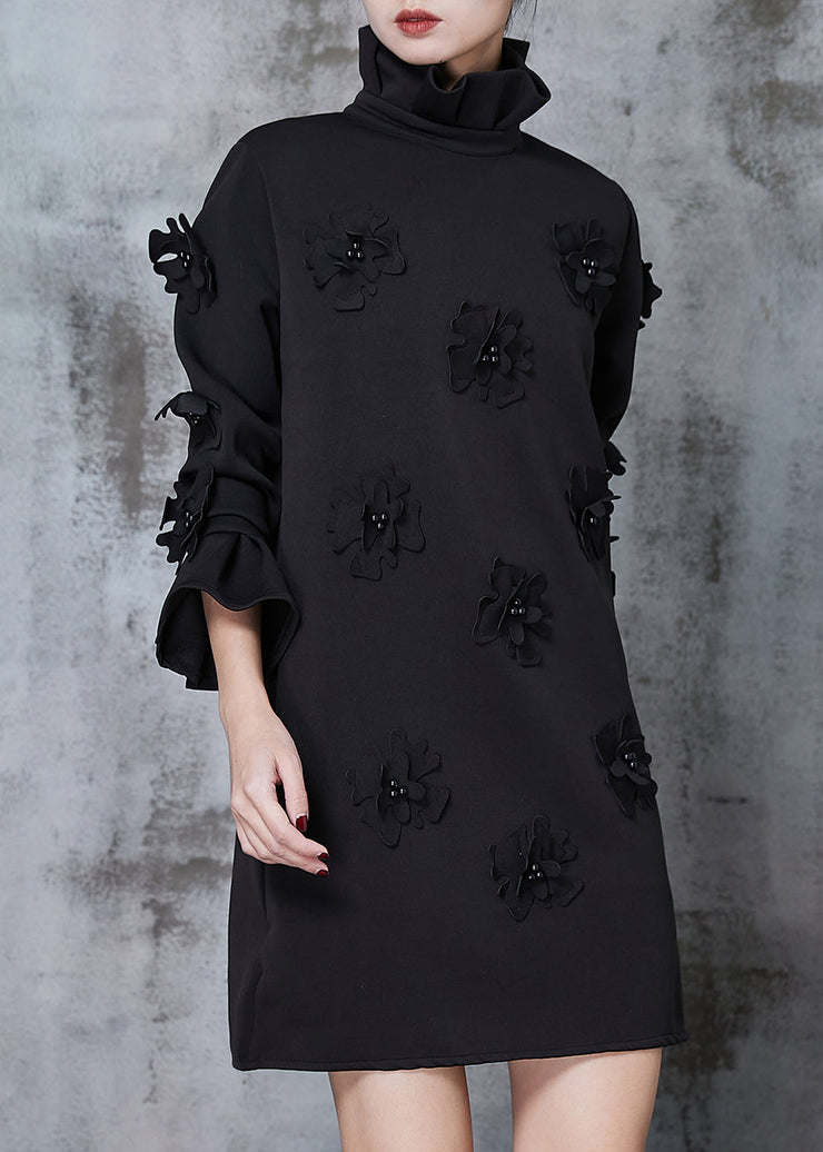 Women Black Turtle Neck Floral Cotton Dress Flare Sleeve