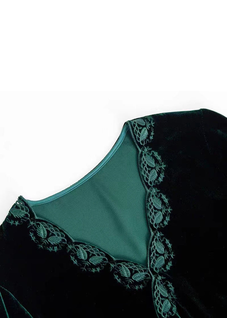 Women Black V Neck Embroideried Silk Velour Top Long Sleeve