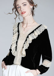 Women Black V Neck Lace Patchwork Silk Velour Top Spring