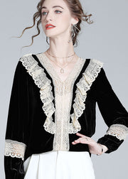 Women Black V Neck Lace Patchwork Silk Velour Top Spring