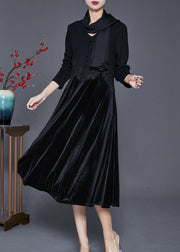 Women Black V Neck Patchwork Silk Velour Maxi Dresses Fall