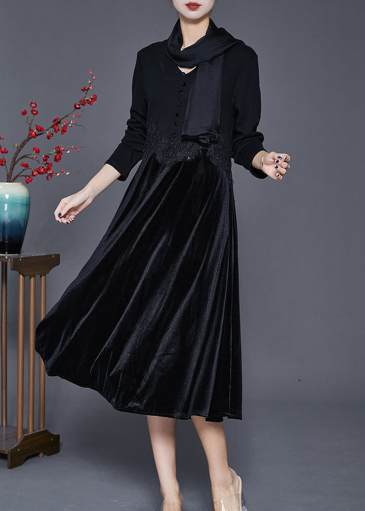 Women Black V Neck Patchwork Silk Velour Maxi Dresses Fall