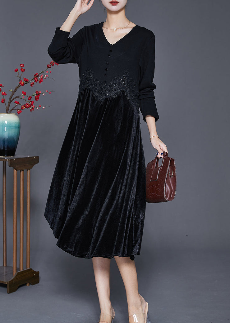 Women Black V Neck Patchwork Silk Velour Maxi Dresses Fall