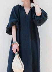 Women Black V Neck Side Open Cotton Dresses Puff Sleeve