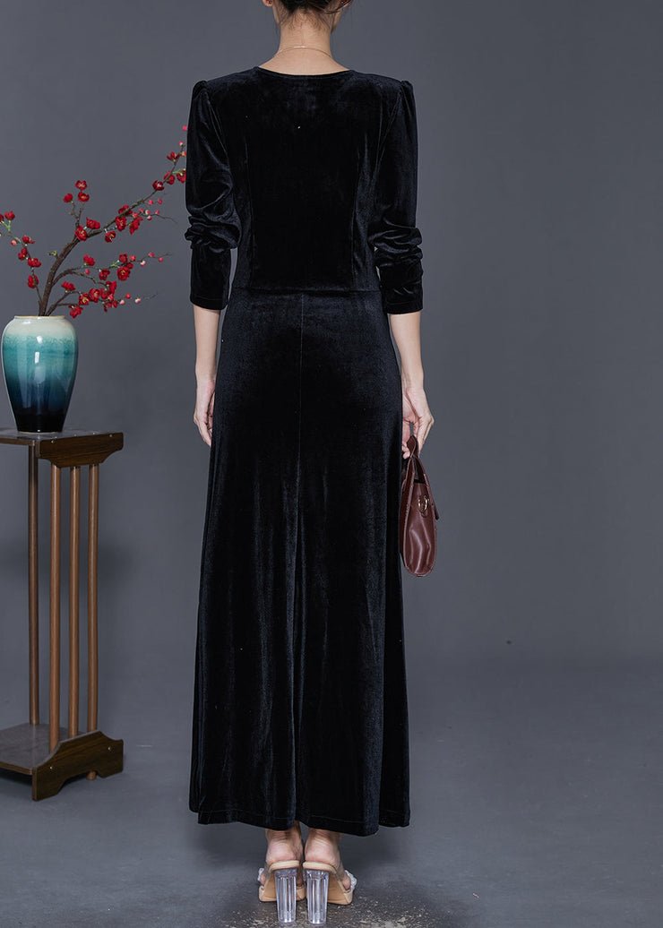 Women Black V Neck Wrinkled Silk Velour Holiday Dress Fall