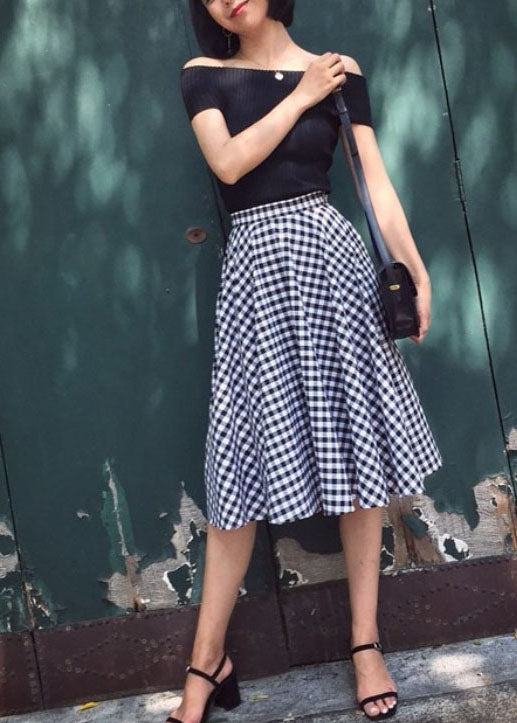 Women Black White Plaid High Waist Cotton A Line Skirts Spring