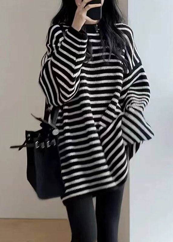 Women Black White Striped O-Neck Cozy Mid Knit Sweater Fall