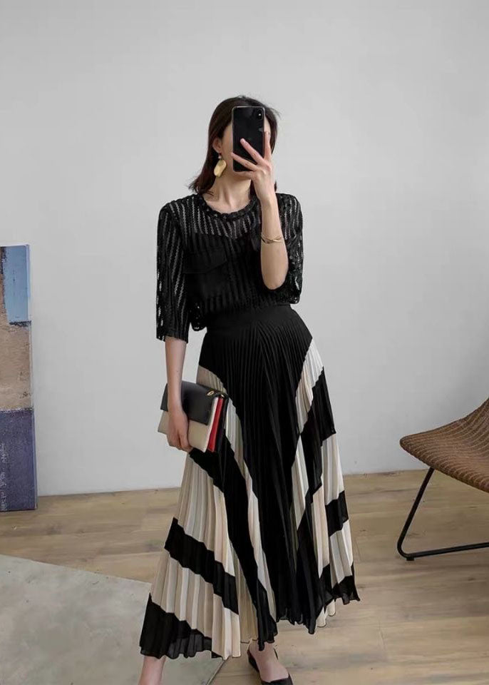 Women Black Wrinkled Patchwork Chiffon Skirts Spring