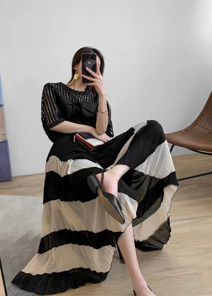 Women Black Wrinkled Patchwork Chiffon Skirts Spring