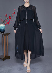 Women Black Zip Up Elastic Waist Chiffon UPF 50+ Coat Summer