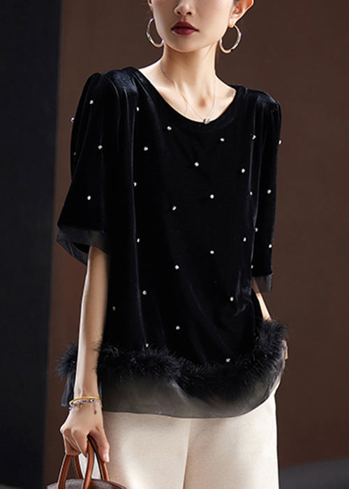 Women Black Zircon Fluffy Patchwork Silk Velour T Shirt Short Sleeve