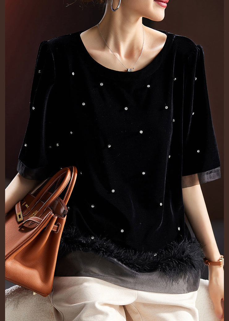 Women Black Zircon Fluffy Patchwork Silk Velour T Shirt Short Sleeve