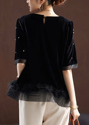 Women Black Zircon Fluffy Patchwork Silk Velour T Shirt Short Sleeve