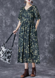 Women Blackish Green Cinched Print Linen Maxi Dress Summer