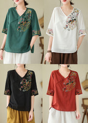 Women Blackish Green Embroidered Side Open Cotton Blouses Summer