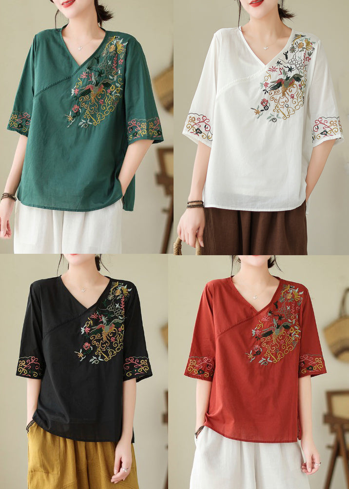 Women Blackish Green Embroidered Side Open Cotton Blouses Summer