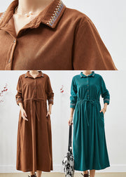 Women Blackish Green Embroideried Corduroy Cinched Dresses Fall