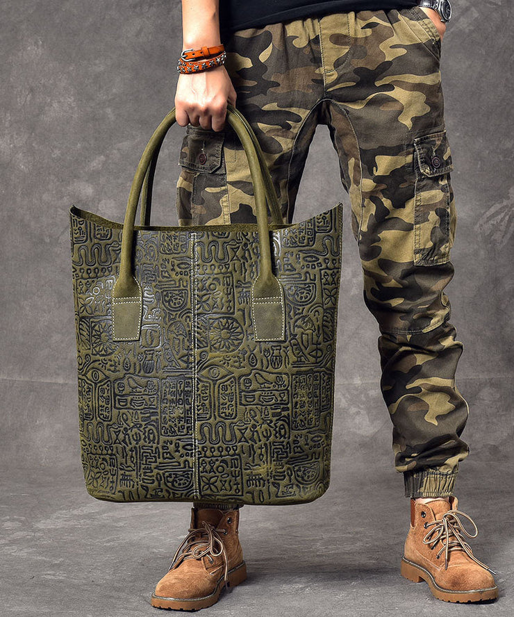 Women Blackish Green Oracle-Bone Inscriptions Embossing Calf Leather Satchel Handbag