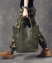 Women Blackish Green Oracle-Bone Inscriptions Embossing Calf Leather Satchel Handbag