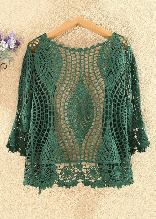 Women Blackish Green Solid Hollow Out Cotton Knit Cardigan Summer