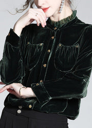 Women Blackish Green Stand Collar Button Silk Velour Shirt Long Sleeve