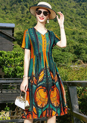 Women Blackish Green V Neck Wrinkled Print Silk Cinch Dresses Short Sleeve