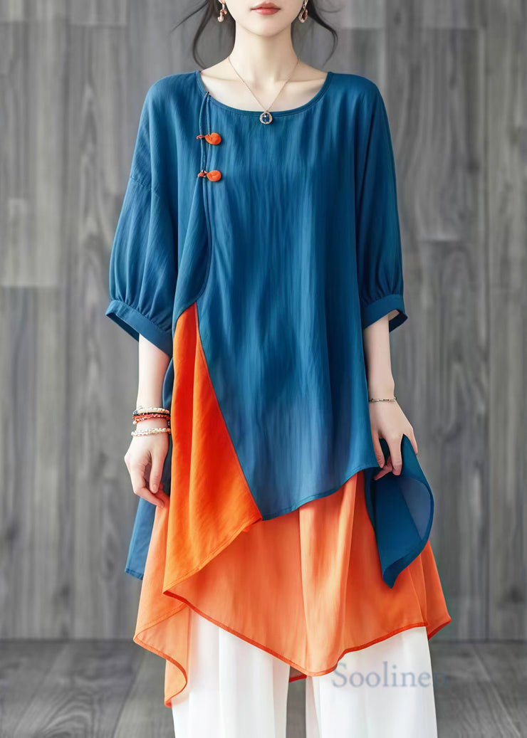 Women Blue Asymmetrical Patchwork Cotton Shirt Tops Summer