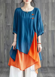 Women Blue Asymmetrical Patchwork Cotton Shirt Tops Summer