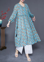 Women Blue Cinched Print Chiffon Holiday Dress Spring