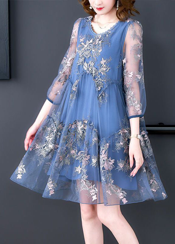 Women Blue Embroideried Patchwork Ruffled Tulle A Line Dress Summer