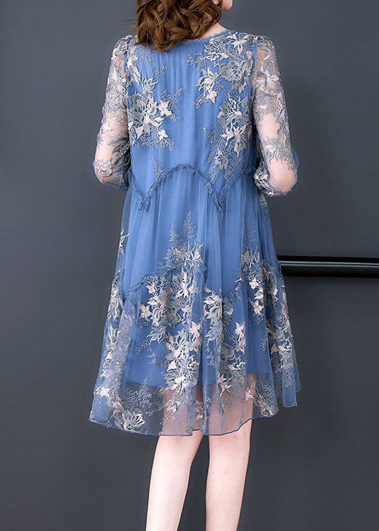 Women Blue Embroideried Patchwork Ruffled Tulle A Line Dress Summer