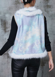 Women Blue Fuzzy Ball Decorated Patchwork Cotton Vest Tops Spring