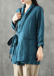 Women Blue Green Peter Pan Collar Tie Waist Linen Coats Long Sleeve