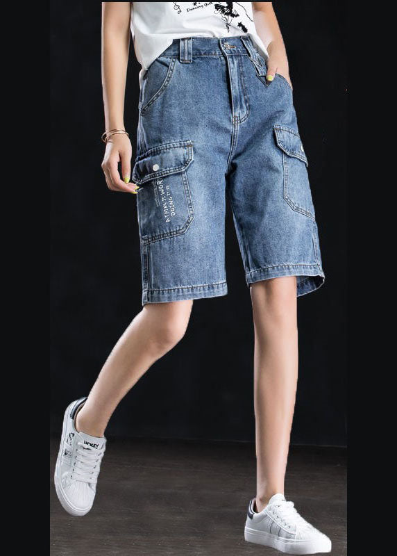 Women Blue High Waist Oversized Pockets Cotton Straight Shorts Summer