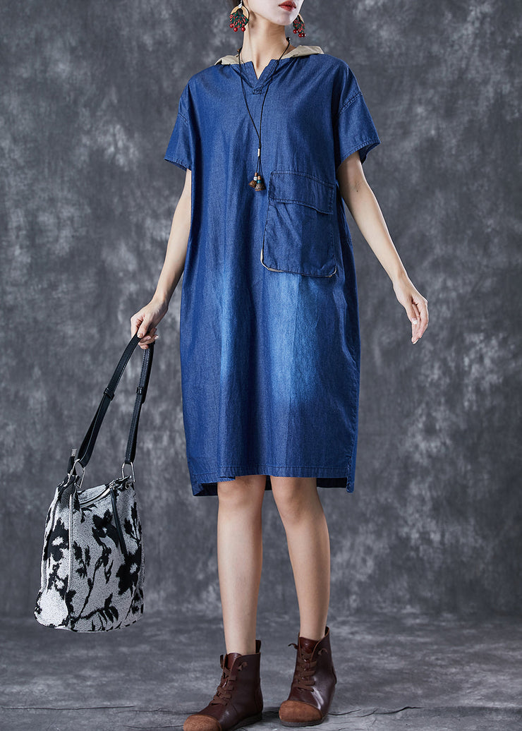 Women Blue Hooded Patchwork Pocket Denim Mid Dress Summer